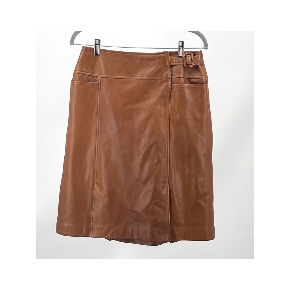 Faconnable Leather Skirt Womens 4 Brown Faux‎ Wrap Buckle Pockets Lined